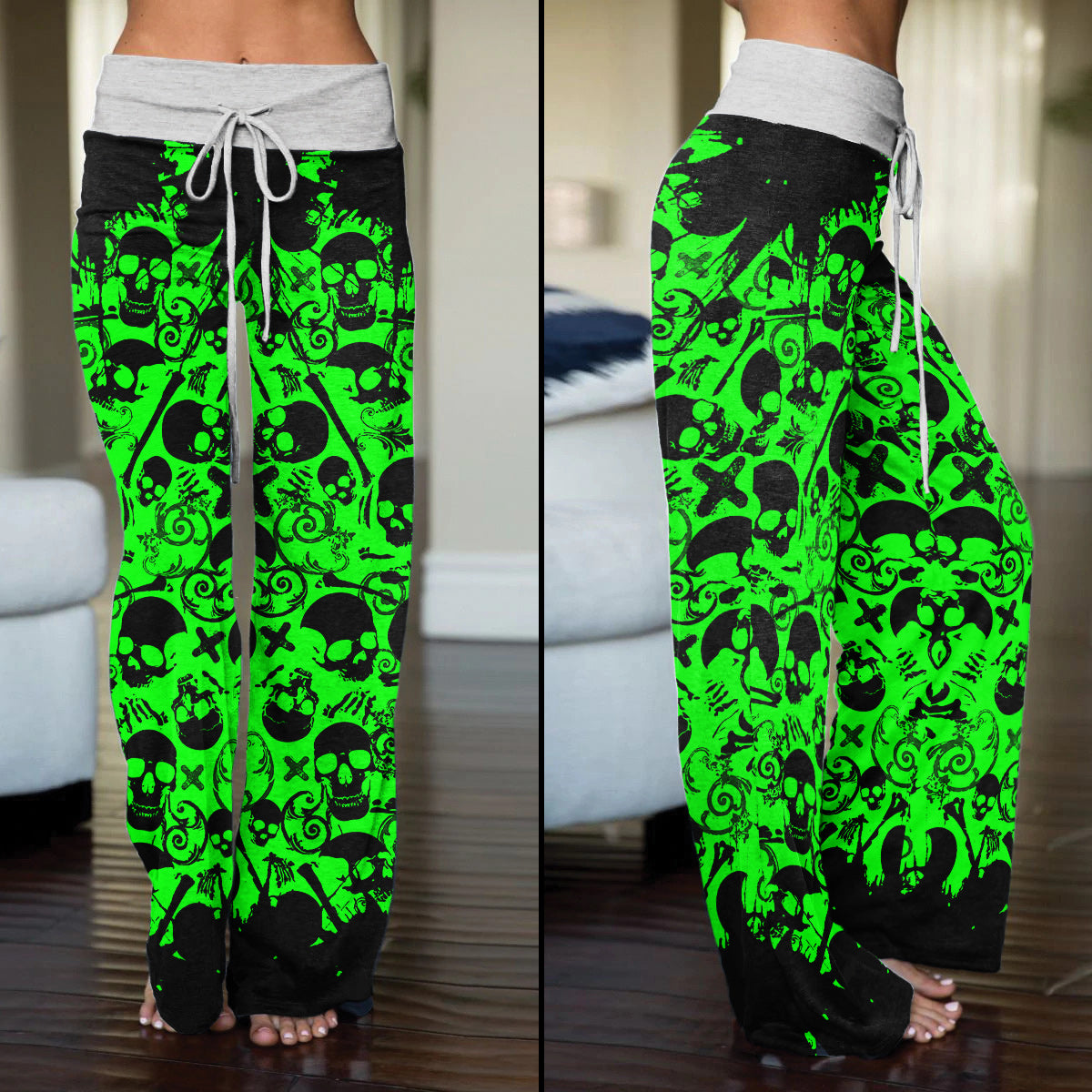 Black Green Skull Pattern Women's High-waisted Wide Leg Pants | Wonder Skull