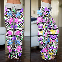 Skull Illusion Color Pattern Women's High-waisted Wide Leg Pants | Wonder Skull