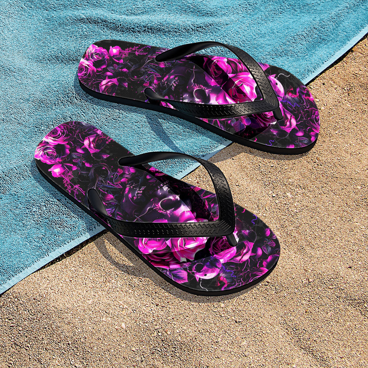 Image of a pair of beach flip flops with a sleek design, featuring a comfortable yoga mat footbed, non-slip sole, and water-friendly materials. Perfect for summer outings, beach walks, and casual occasions.
