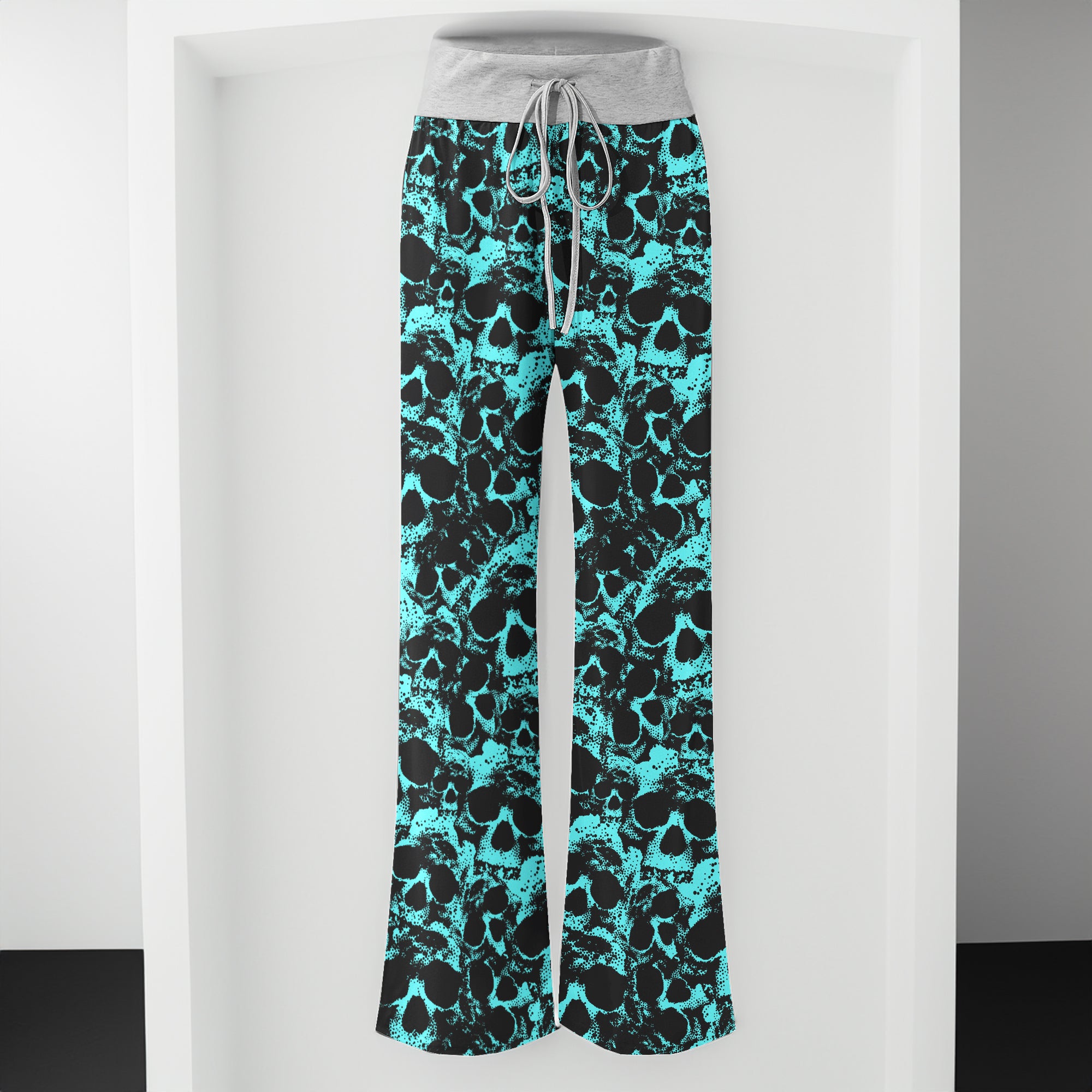 Cyan Skull Pattern Women's High-waisted Wide Leg Pants