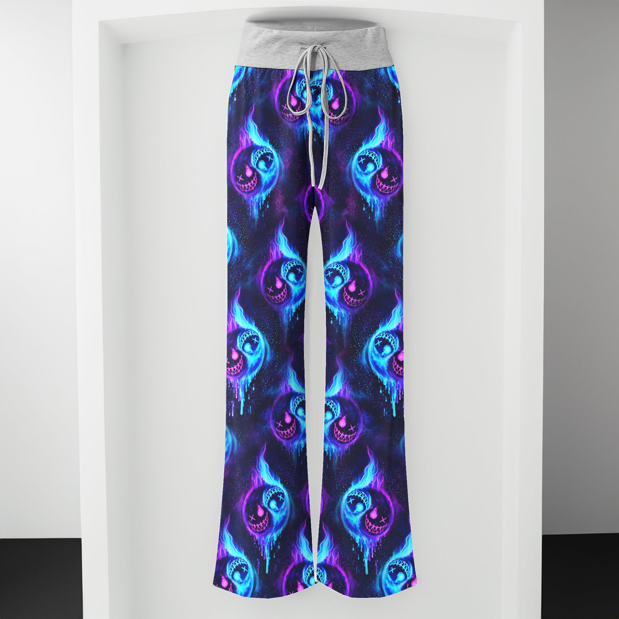 Neon Flame Skull Pattern Women's High-waisted Wide Leg Pants