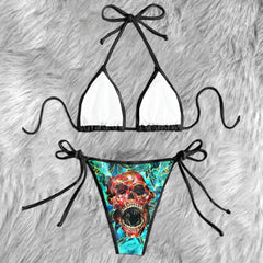 Cyan Abstract Skull Art Micro Triangle Bikini Swimsuit - Wonder Skull