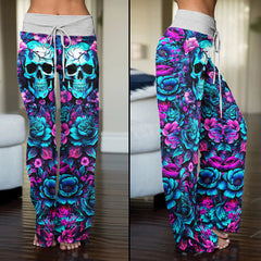 Pink Cyan Skull Floral Women's High-waisted Wide Leg Pants | Wonder Skull