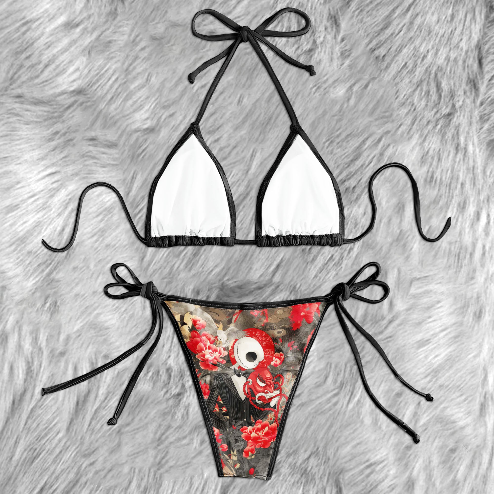 Skeleton Red Flower Art Micro Triangle Bikini Swimsuit