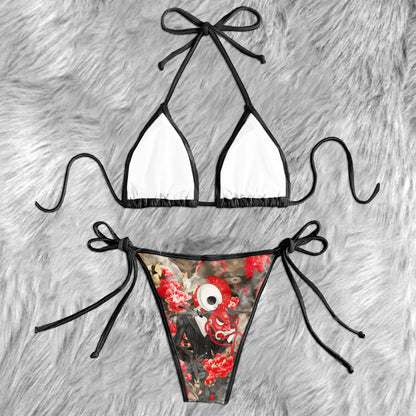 Skeleton Red Flower Art Micro Triangle Bikini Swimsuit