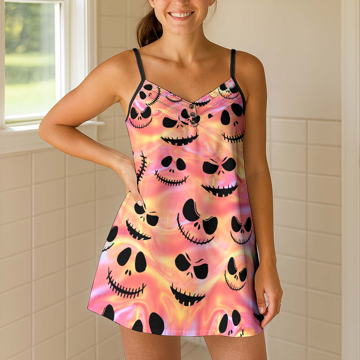 Holographic Night Smiley Short Cami Dress