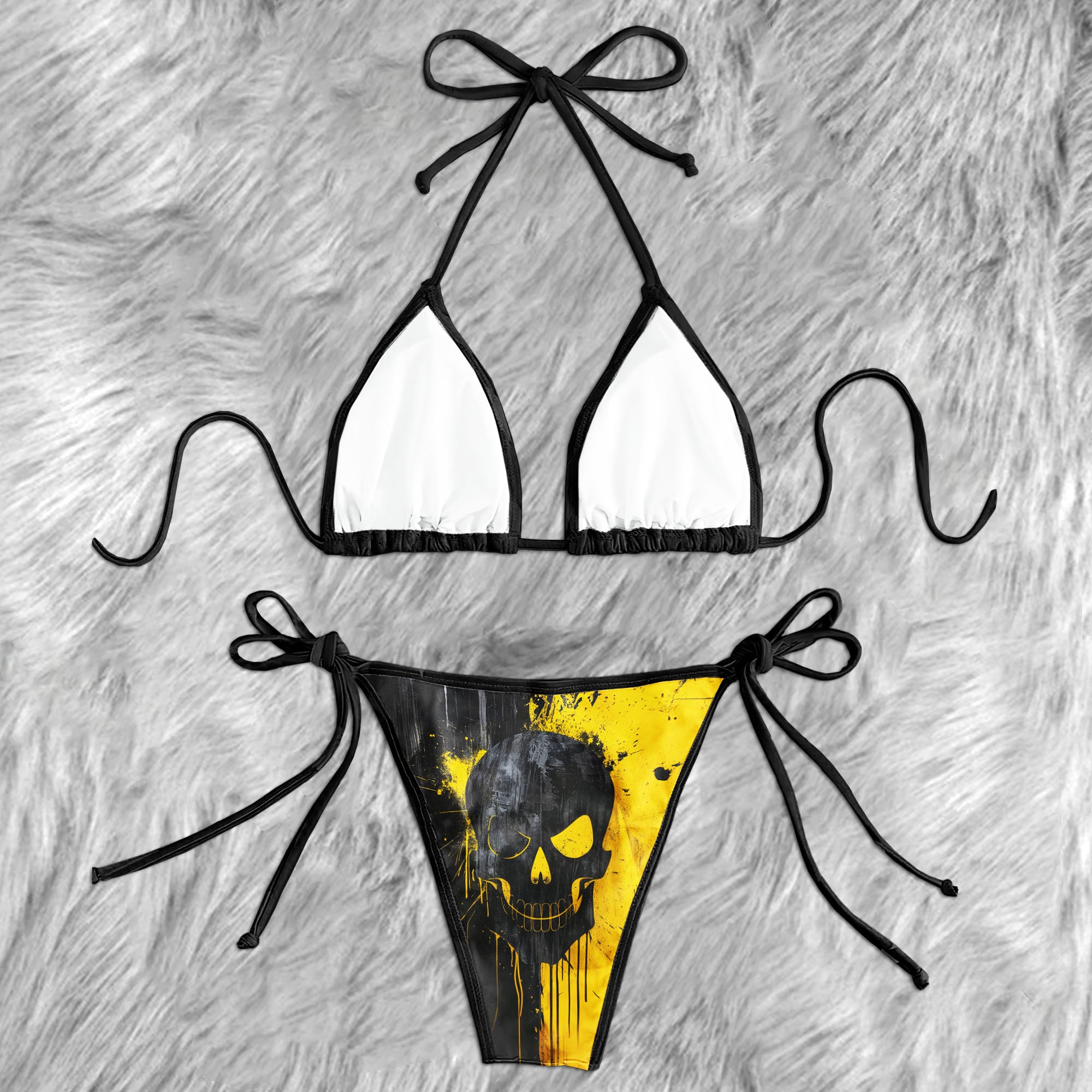 Yellow Cyber Grunge Skull Micro Triangle Bikini Swimsuit