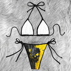 Yellow Cyber Grunge Skull Micro Triangle Bikini Swimsuit