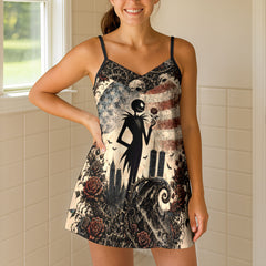 Skeleton Rose Skyline Art Short Cami Dress