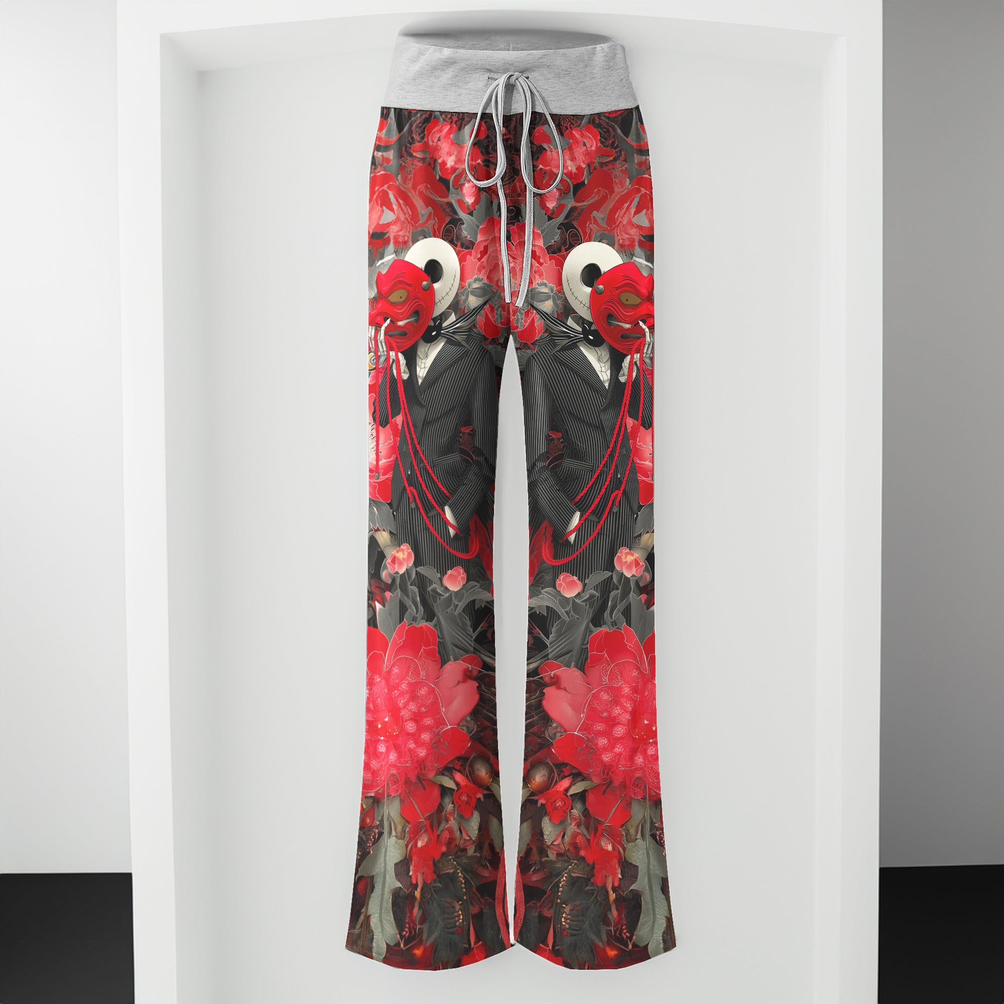 Masked Skeleton Red Bloom Women's High-waisted Wide Leg Pants