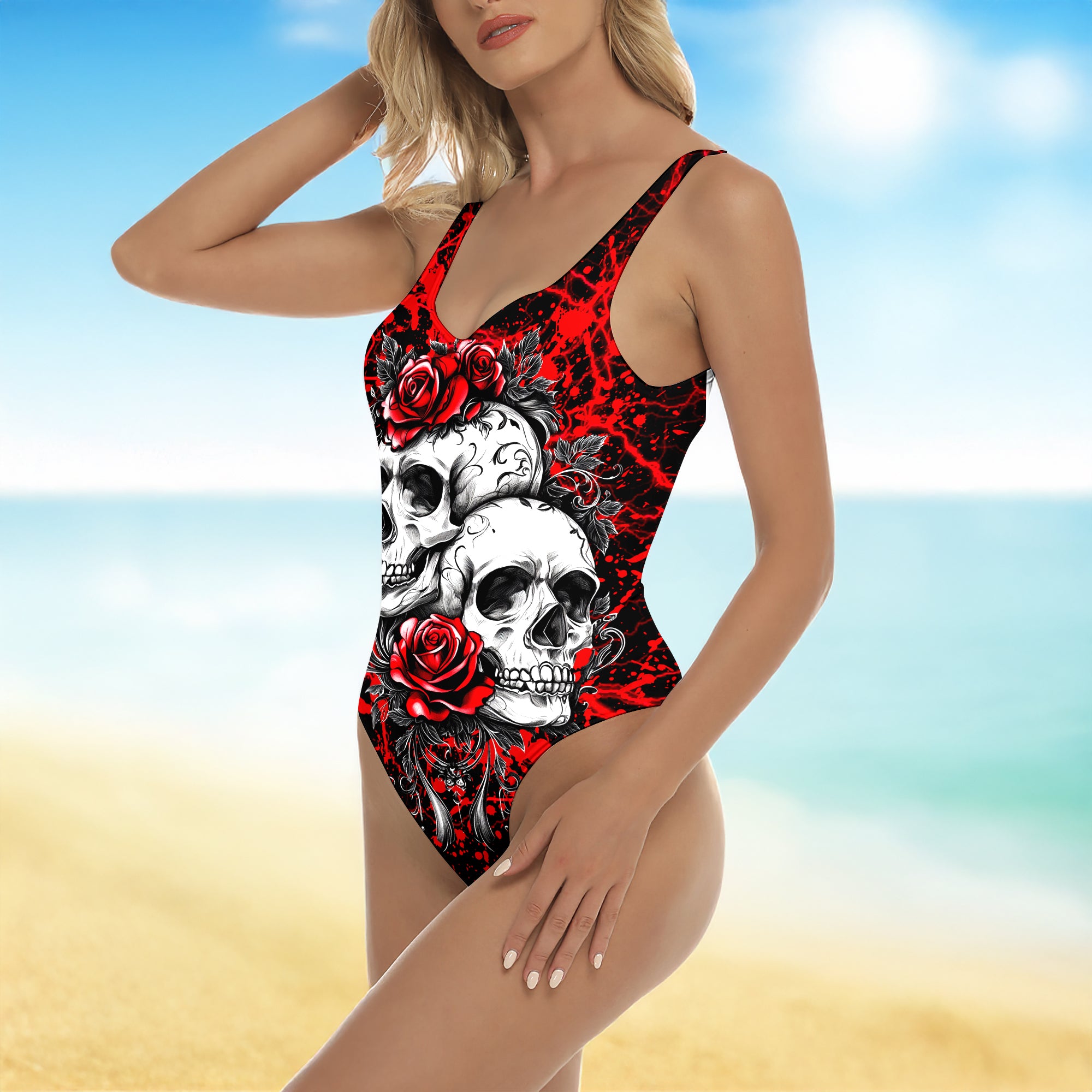 One Piece Bikini Skulls Red Rose Gothic Print Swimwear