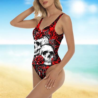 One Piece Bikini Skulls Red Rose Gothic Print Swimwear