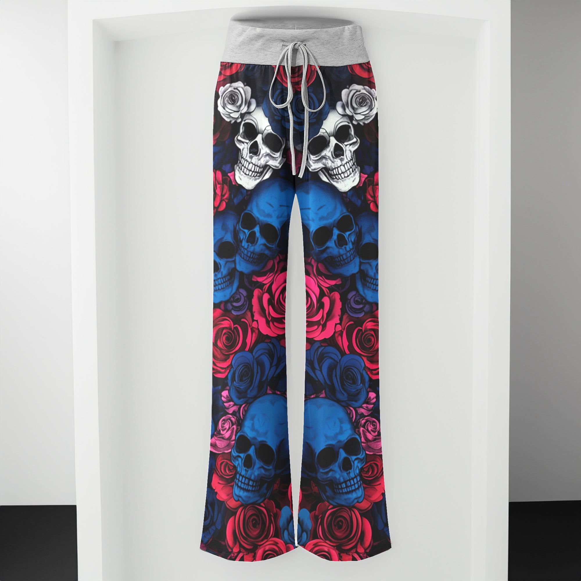 Rebel Rose Skull Pattern Women's High-waisted Wide Leg Pants
