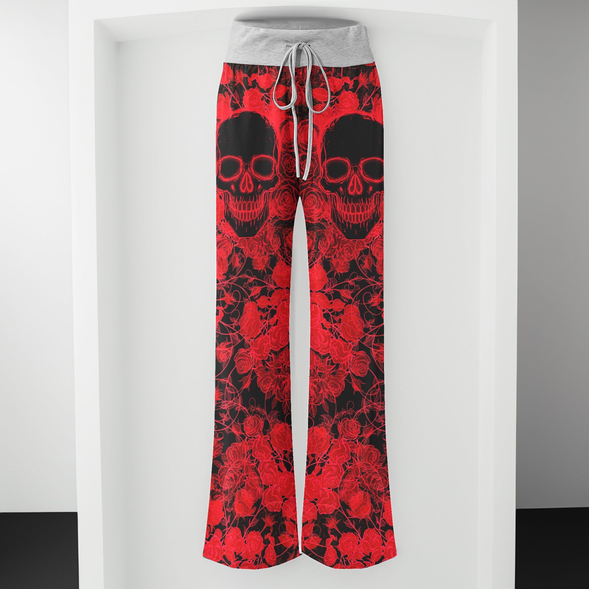 Red Neon Skull Rose Women's High-waisted Wide Leg Pants