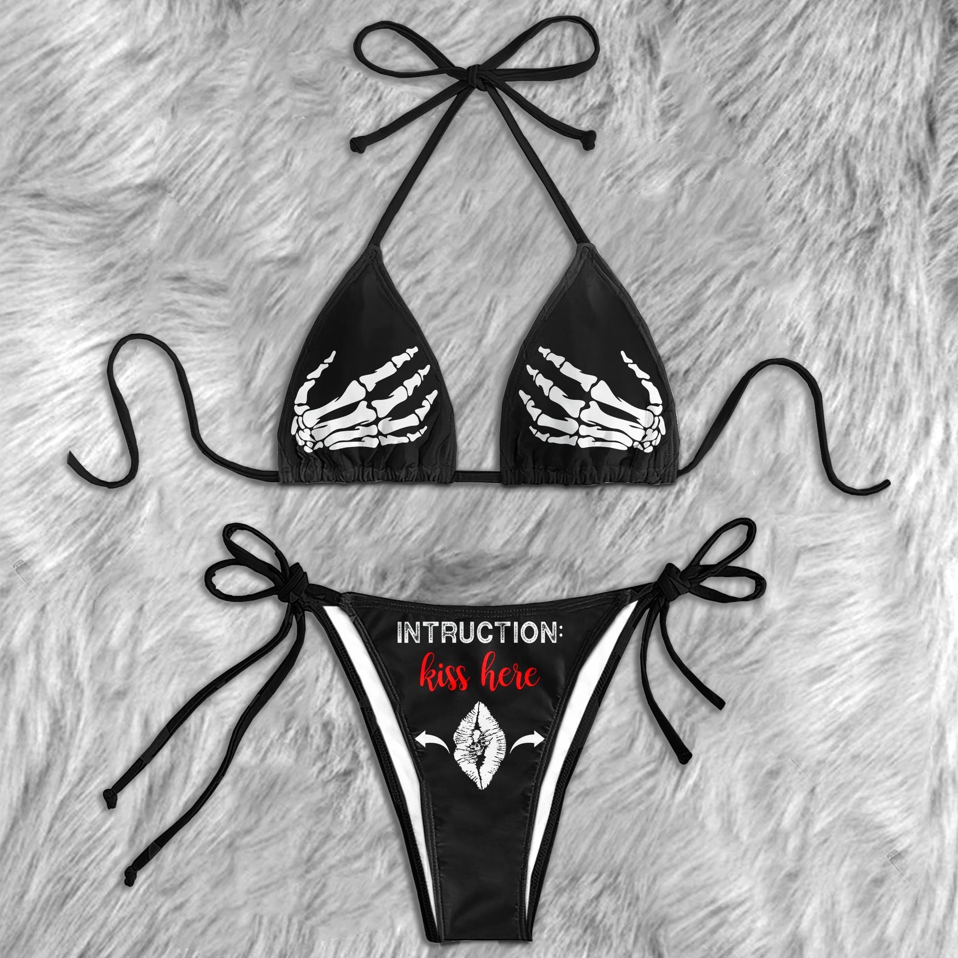 Kiss Here Skull Funny Micro Triangle Bikini Swimsuit - Wonder Skull
