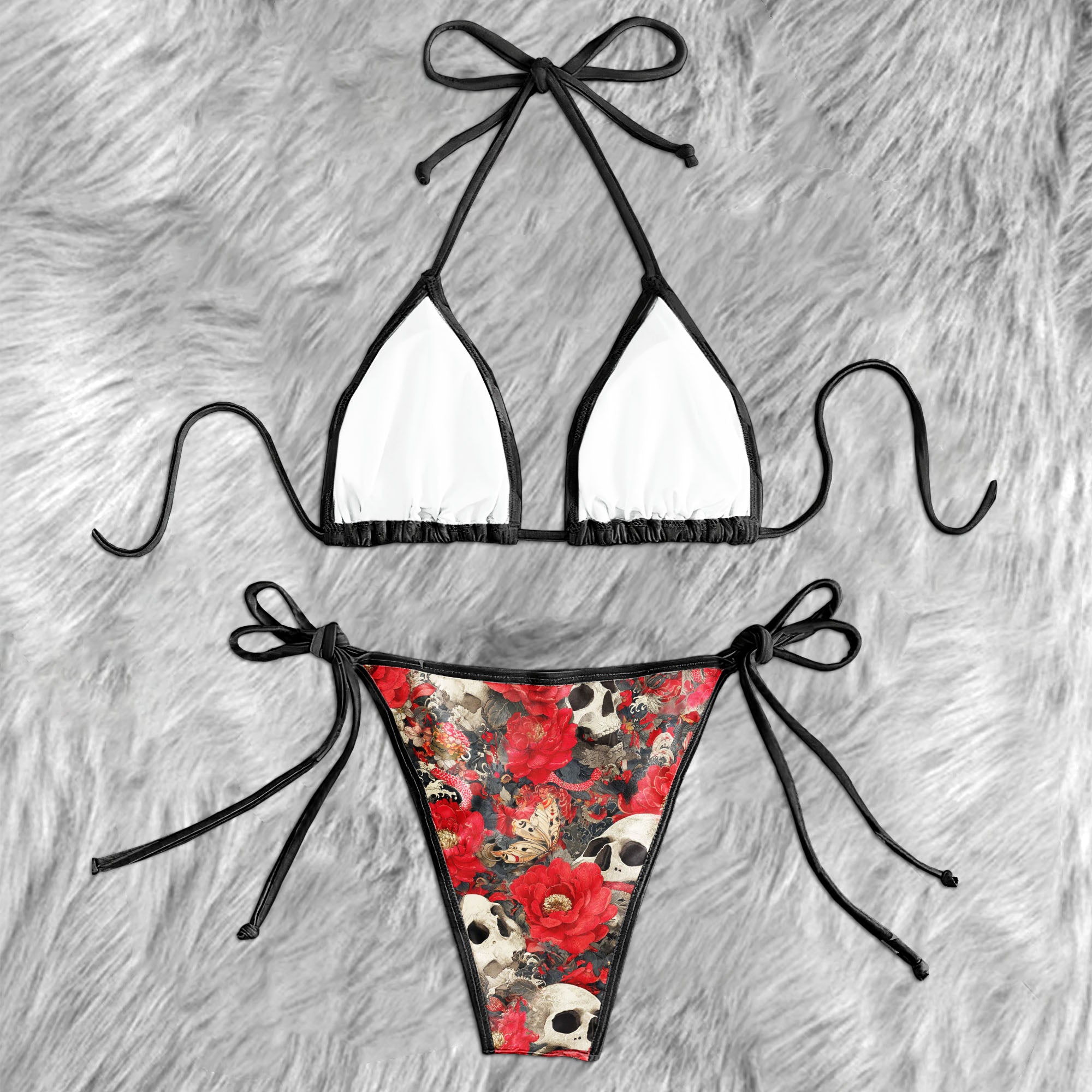 Red Flower Skull Pattern Micro Triangle Bikini Swimsuit