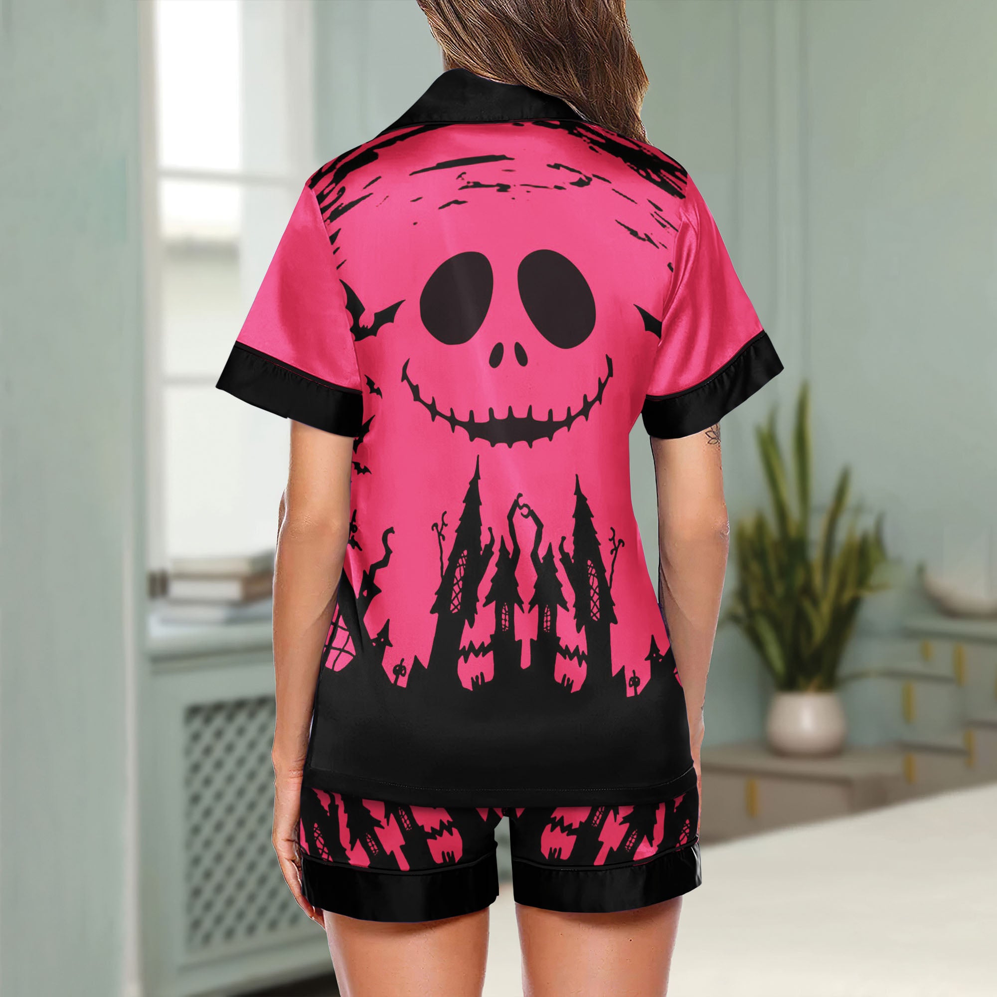 Pink Night Art Women's Pajama Sets Top Sleeve & Short Bottom