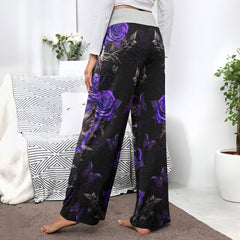 Violet Skull Flower Gothic Women's High-waisted Wide Leg Pants | Wonder Skull