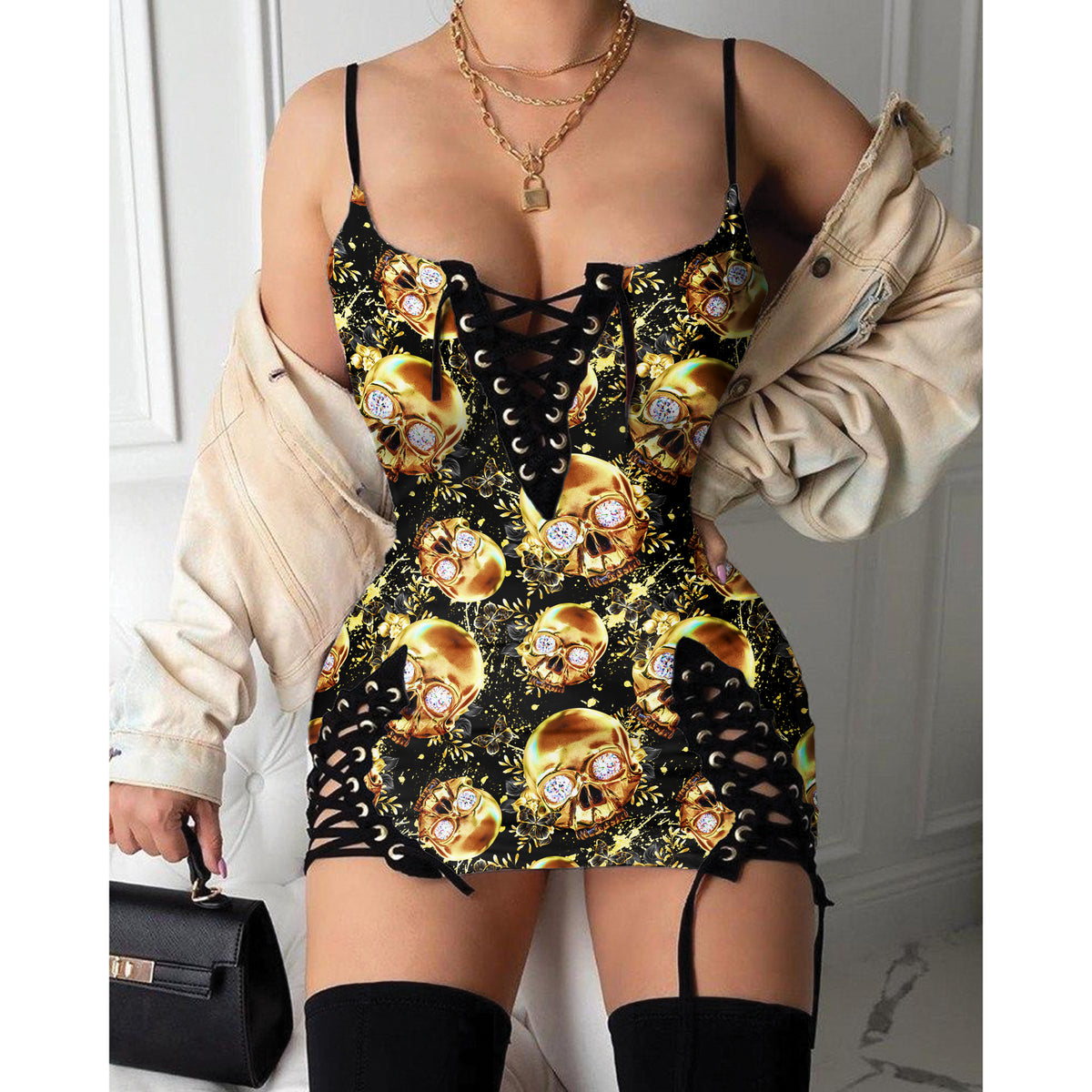 Express your personal style with the Hot Gothic Dress, a timeless piece featuring a unique Gold Skull Butterfly Pattern, perfect for enhancing your daily fashion routine.