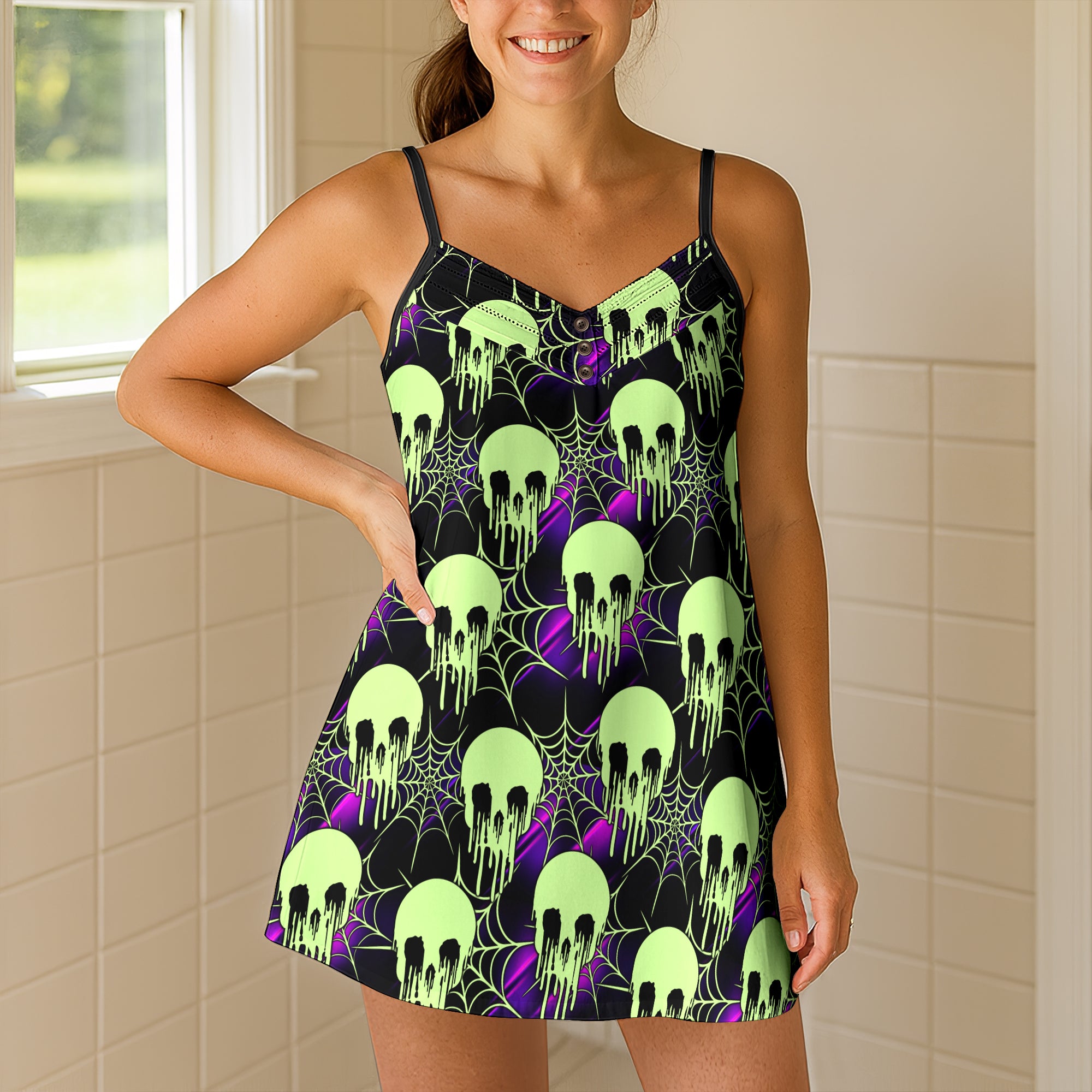 Toxic Neon Slime Skulls Short Cami Dress
