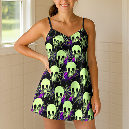 Toxic Neon Slime Skulls Short Cami Dress