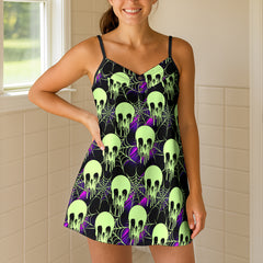 Toxic Neon Slime Skulls Short Cami Dress