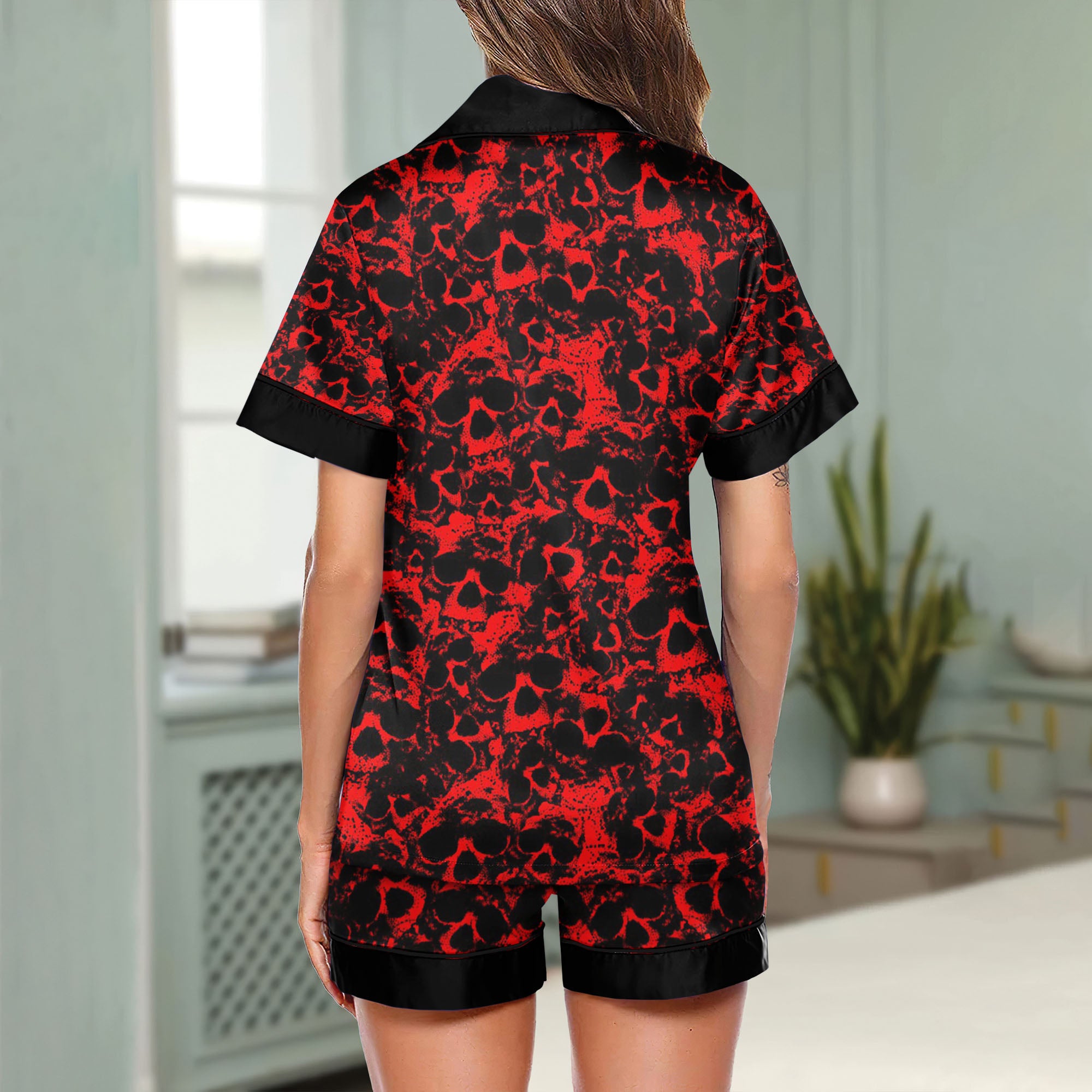 Red Skull Pattern Women's Pajama Sets Top Sleeve & Short Bottom