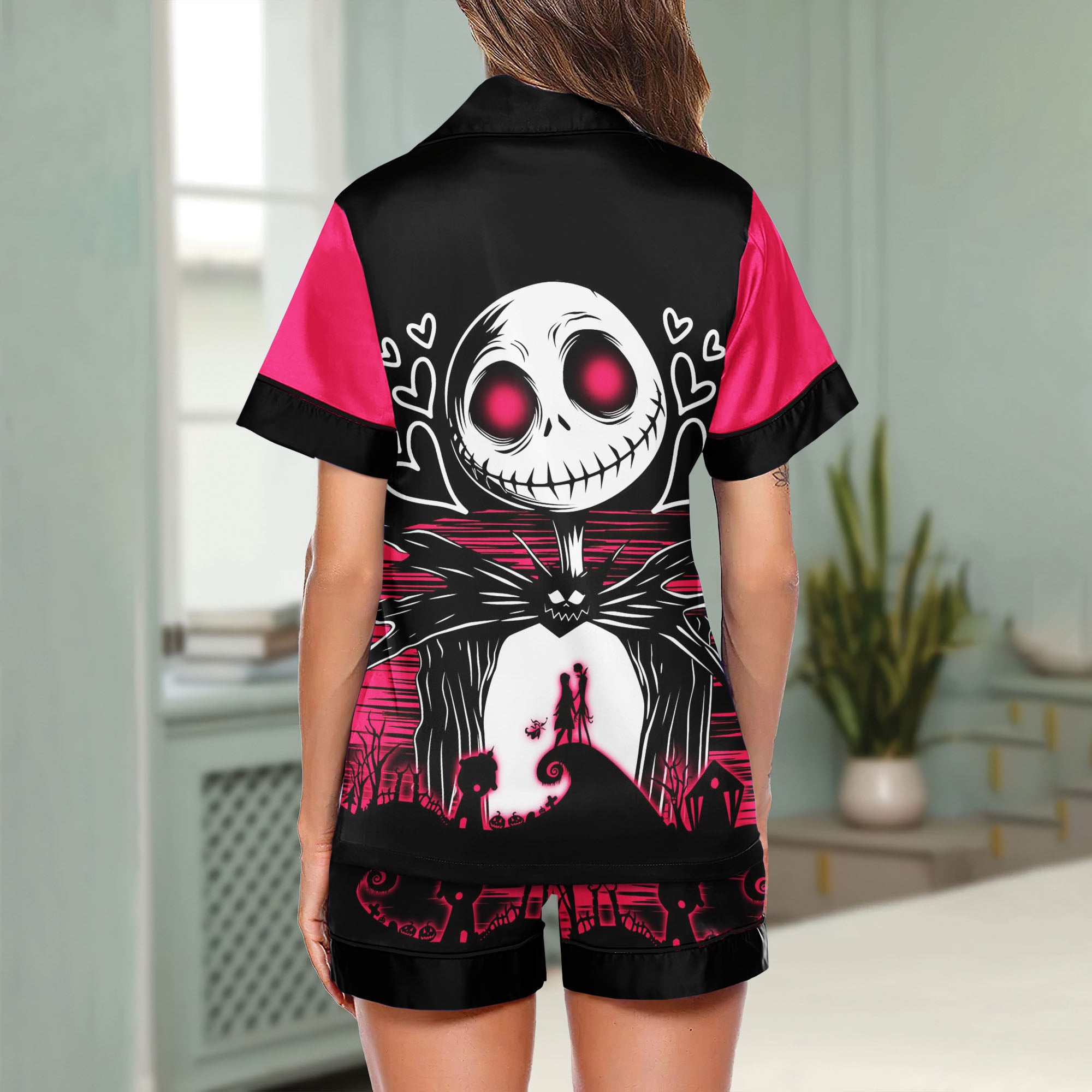 Pink Cartoon Art Women's Pajama Sets Top Sleeve & Short Bottom