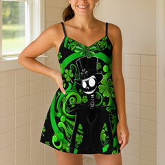 Green Goth Clover Pattern Short Cami Dress