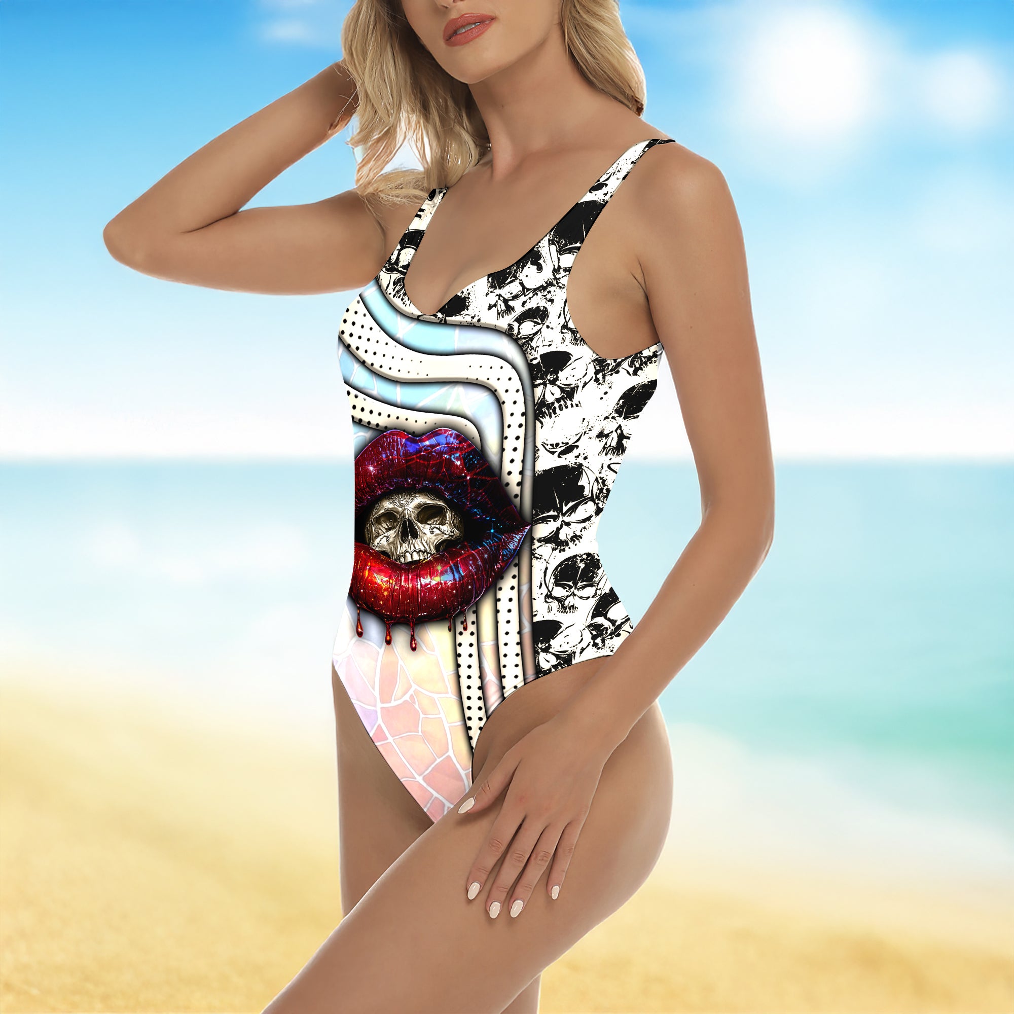 One Piece Bikini Red Skull Kiss Bathing Print Swimwear
