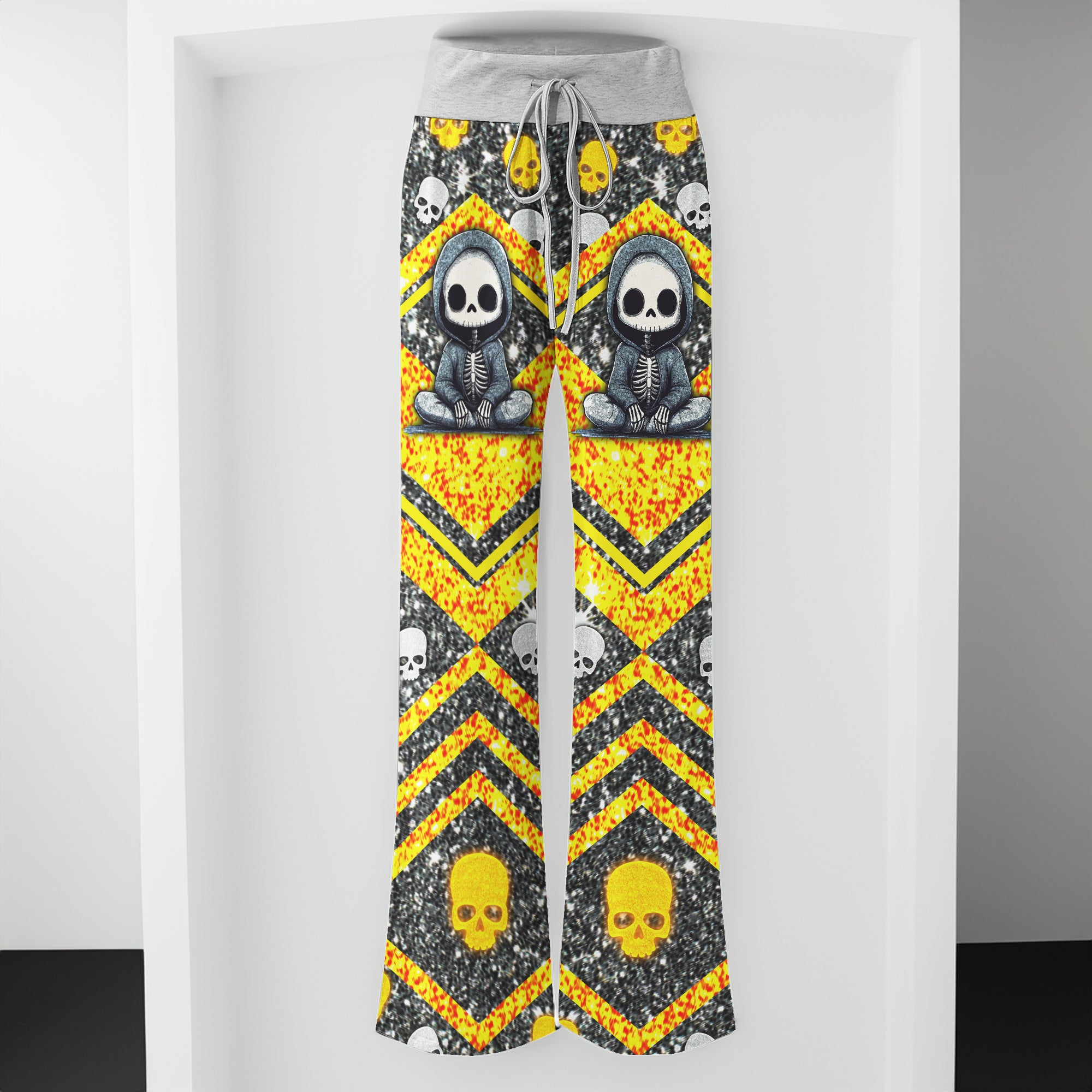 Skeleton Yellow Glitter Art Women's High-waisted Wide Leg Pants