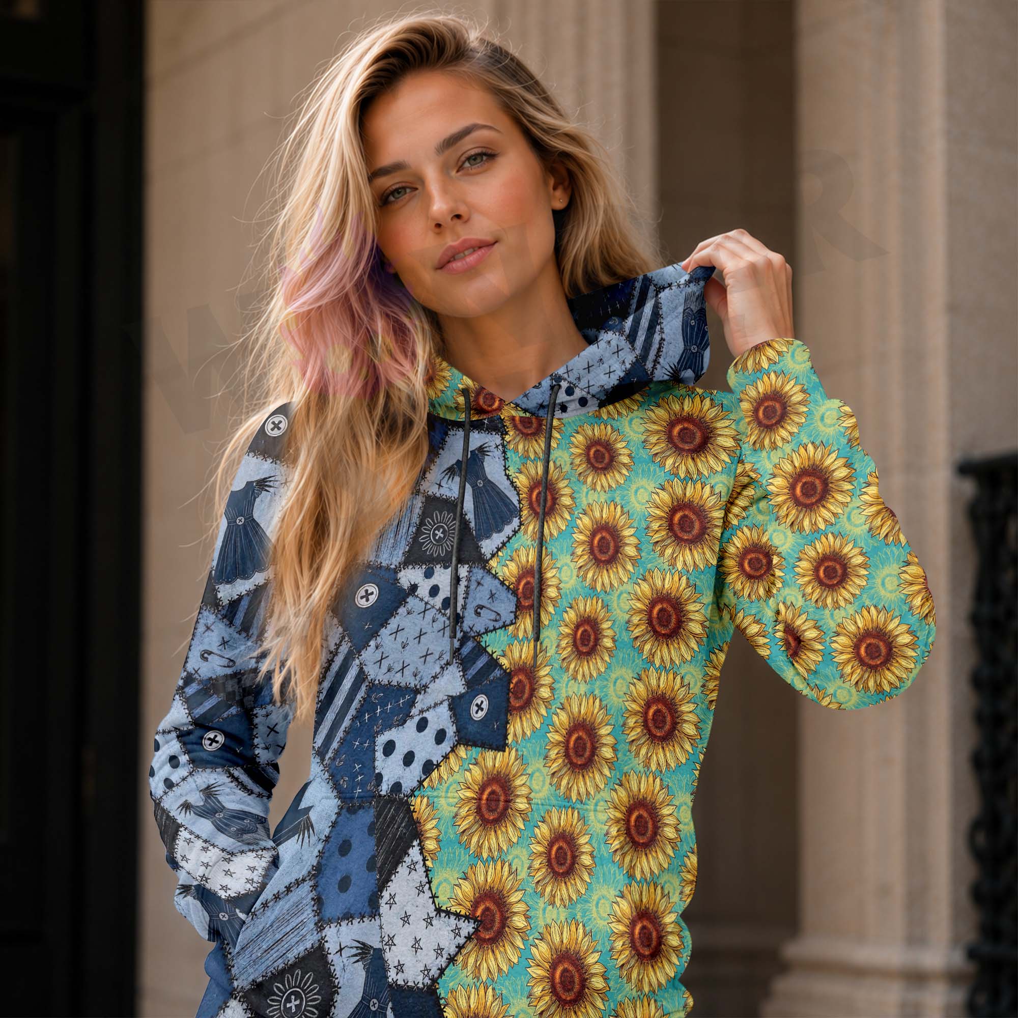 Women Hoodie and Leggings, Blue Night Blooms Pattern Outwear Pants Outfit