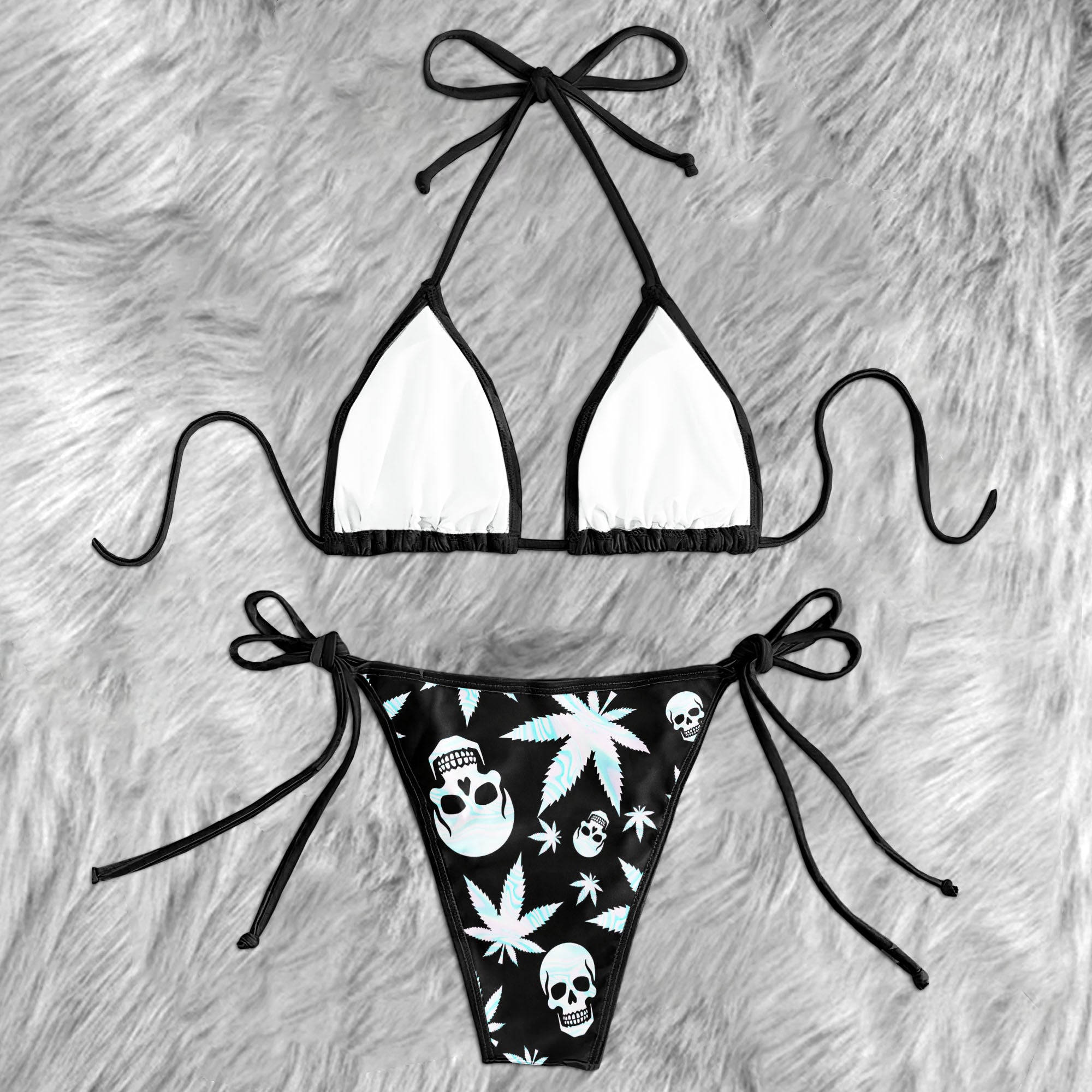 Holographic Leaf Skull Fabric Micro Triangle Bikini Swimsuit