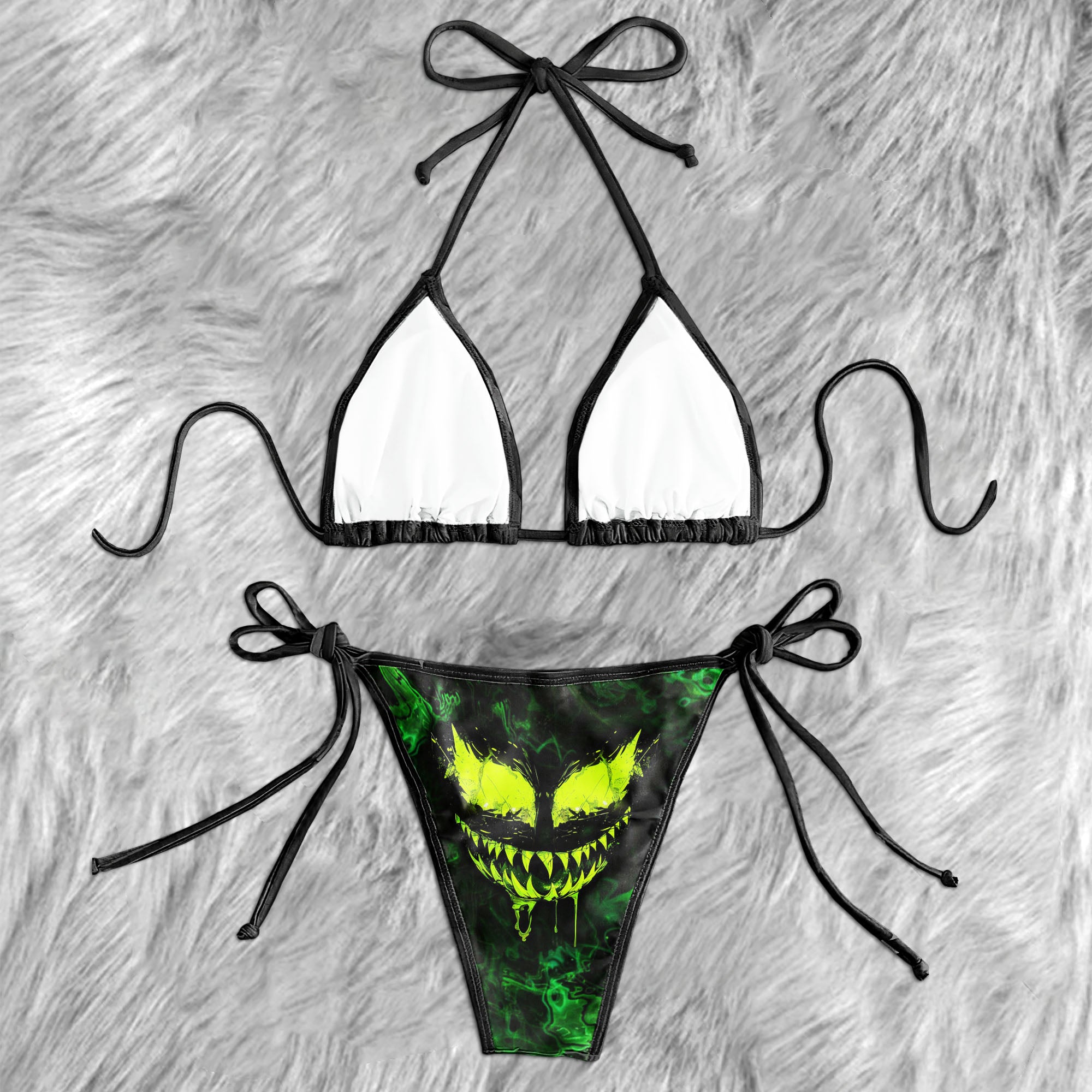 Green Scary Face Micro Triangle Bikini Swimsuit - Wonder Skull