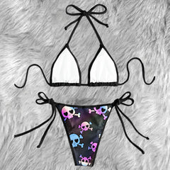 Holographic Pastel Skull Pattern Micro Triangle Bikini Swimsuit
