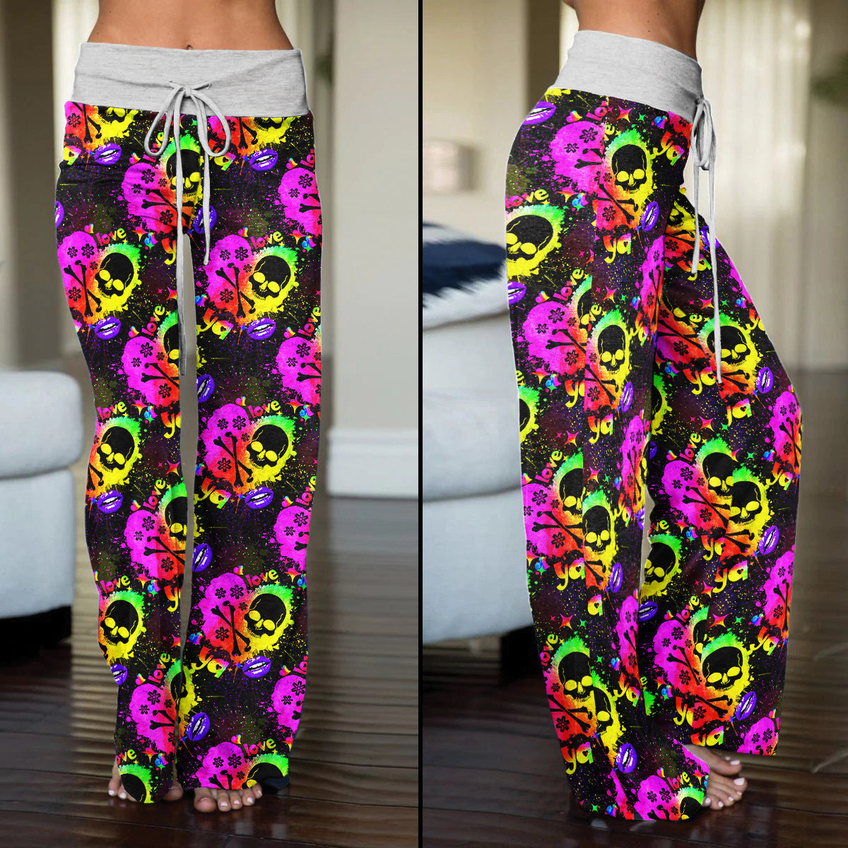 Rainbow Skull Heart Pattern Women's High-waisted Wide Leg Pants | Wonder Skull