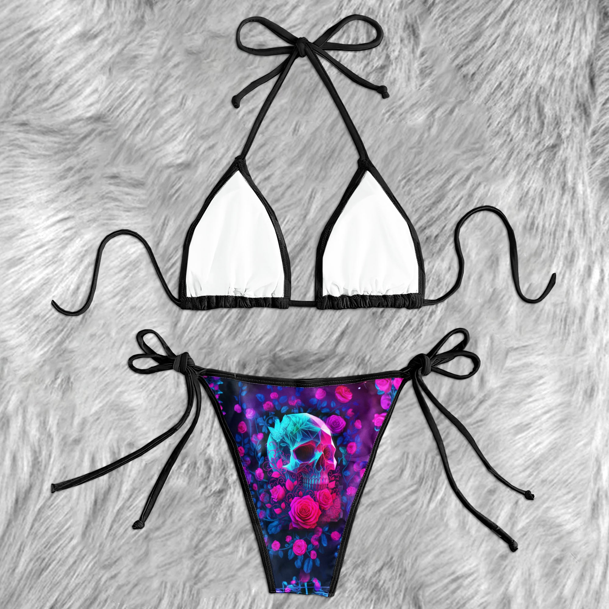 Crystal Skull Neon Rose Micro Triangle Bikini Swimsuit