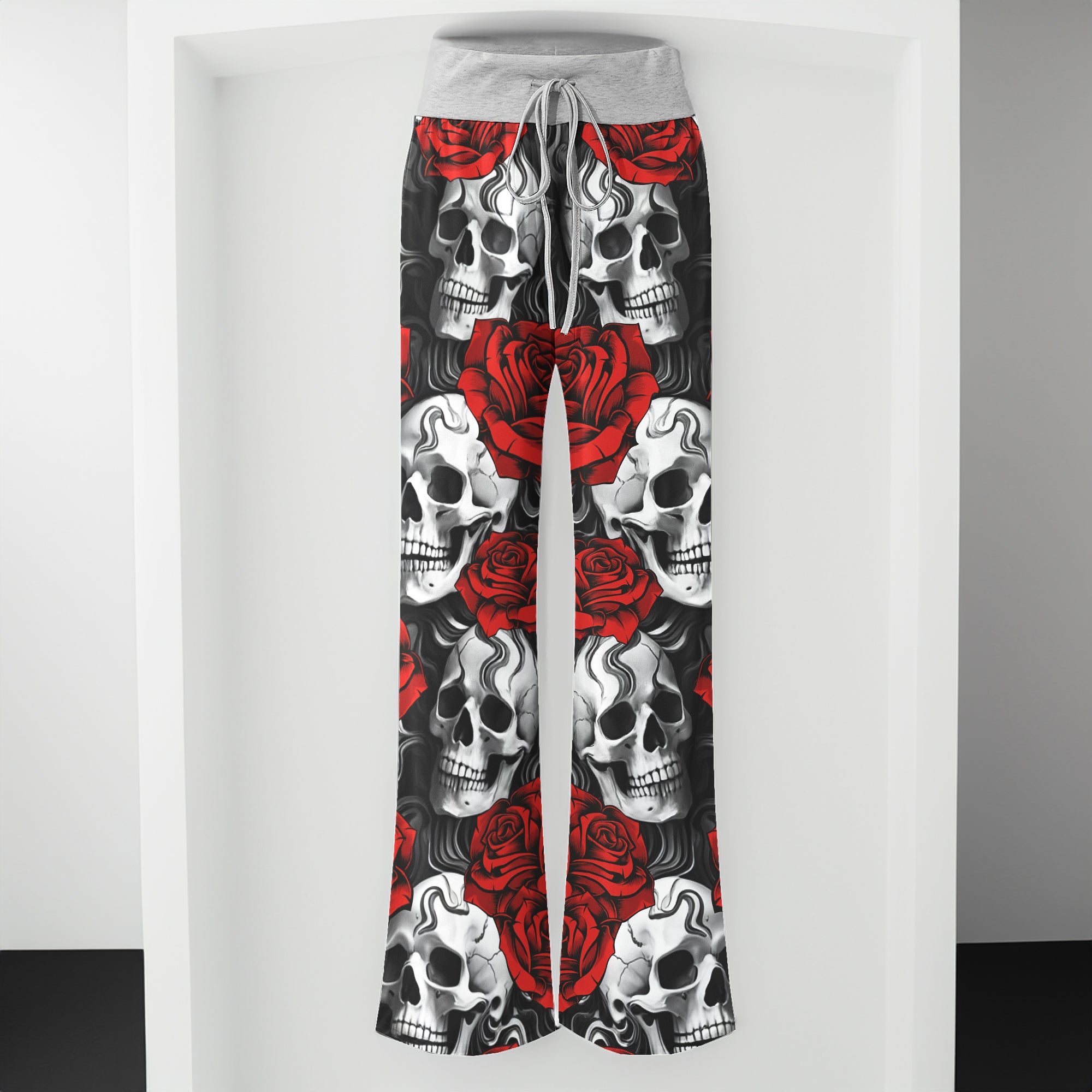 Red Rose Skull Pattern Women's High-waisted Wide Leg Pants