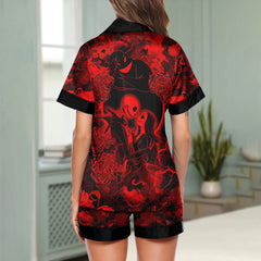 Red Midnight Romance Women's Pajama Sets Top Sleeve & Short Bottom