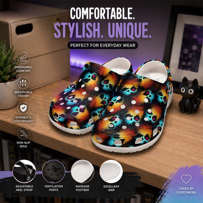 Wonder Skull Lightweight Clog Sandals are designed for all-day comfort. Featuring breathable ventilation holes, a cushioned footbed, and a pivoting heel strap, these versatile unisex clogs are perfect for use at home, outdoors, or at work — whatever your profession may be.