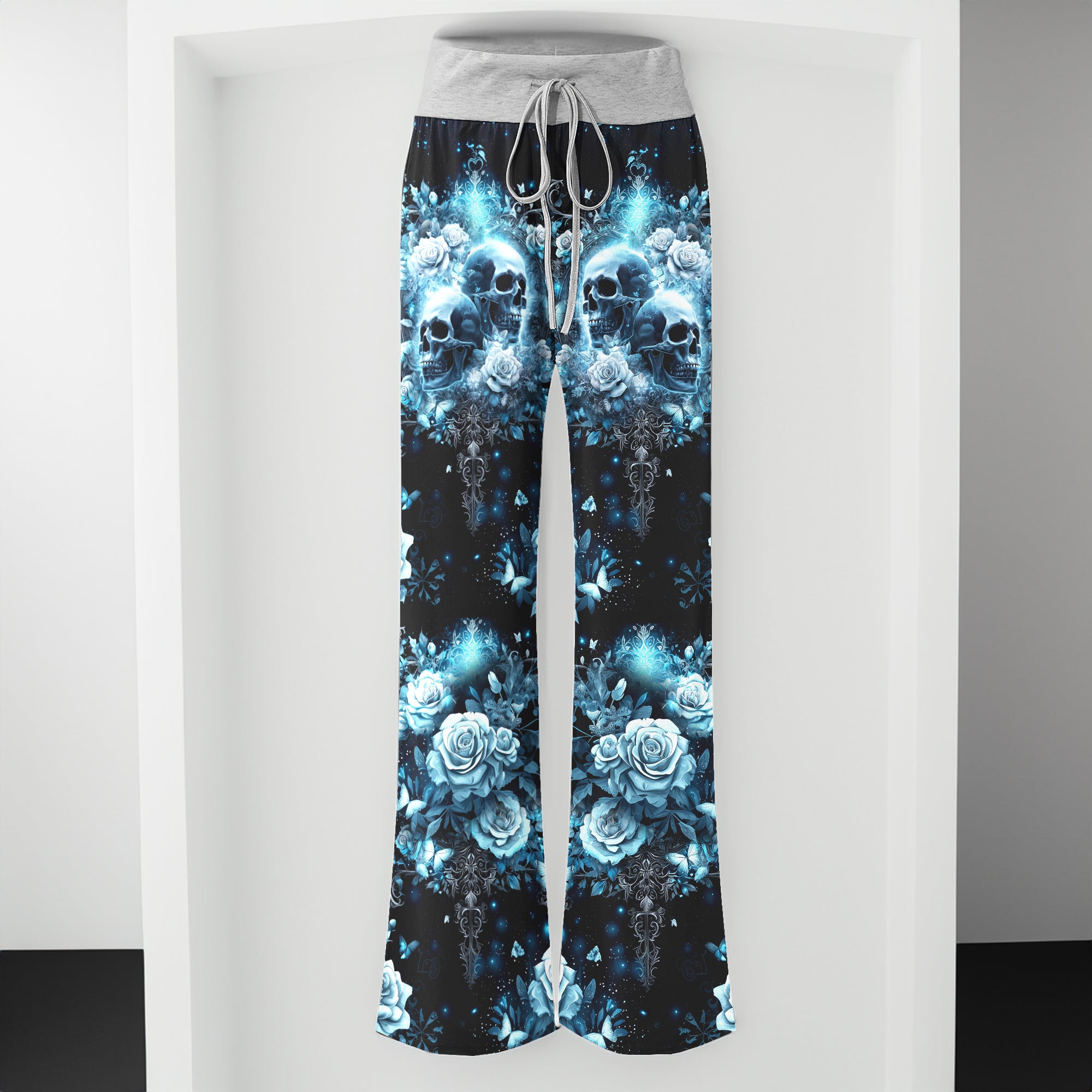 Cyan Galaxy Skull Rose Women's High-waisted Wide Leg Pants