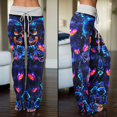 Dark Blue Effect Skull Women's High-waisted Wide Leg Pants | Wonder Skull