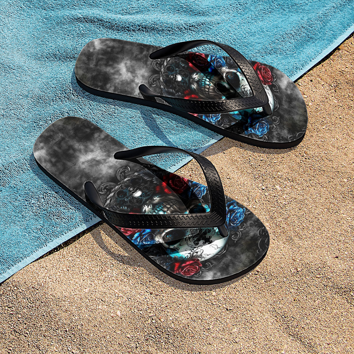 Image of a pair of beach flip flops with a sleek design, featuring a comfortable yoga mat footbed, non-slip sole, and water-friendly materials. Perfect for summer outings, beach walks, and casual occasions.
