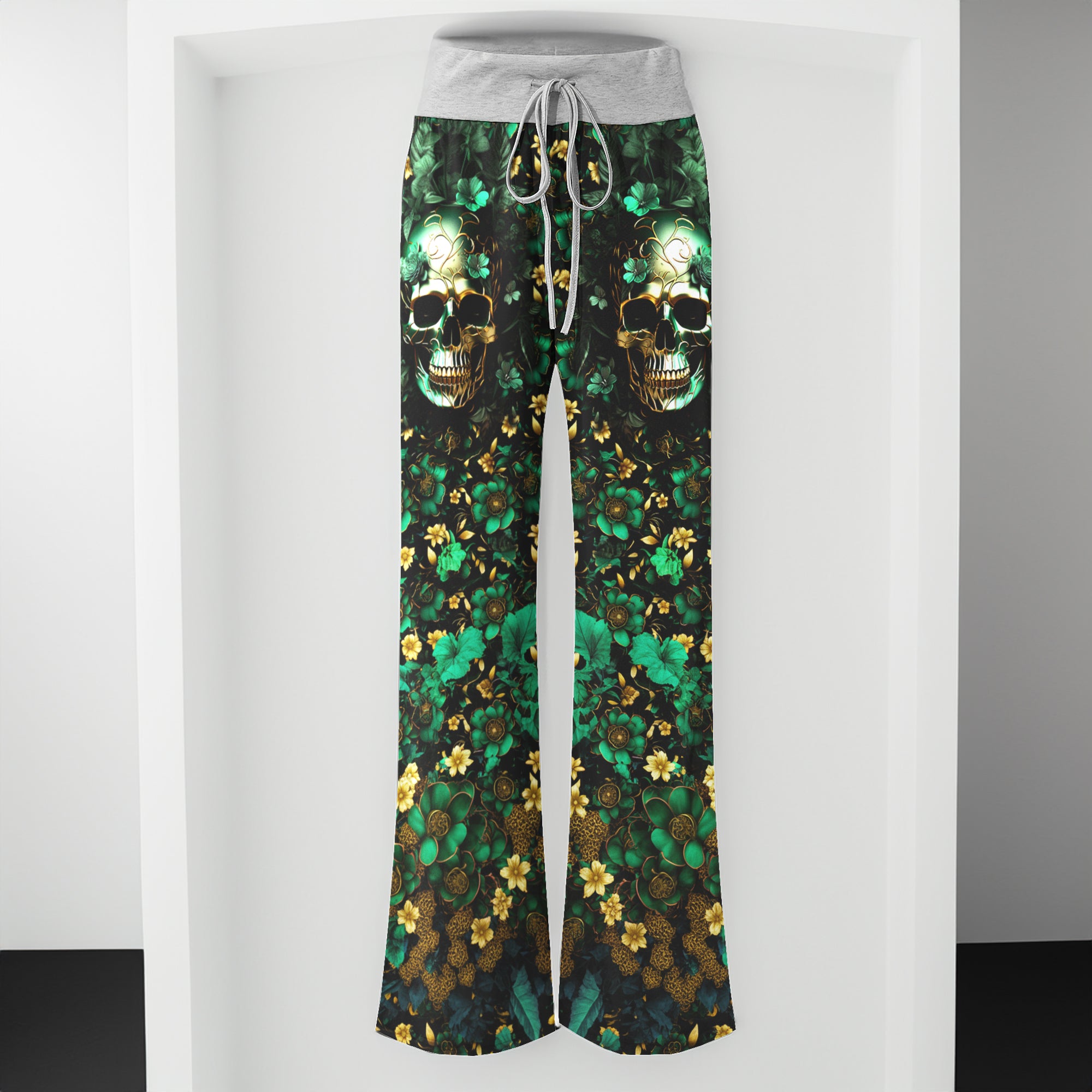 Emerald Gilded Skull Art Women's High-waisted Wide Leg Pants