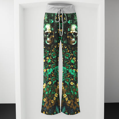 Emerald Gilded Skull Art Women's High-waisted Wide Leg Pants