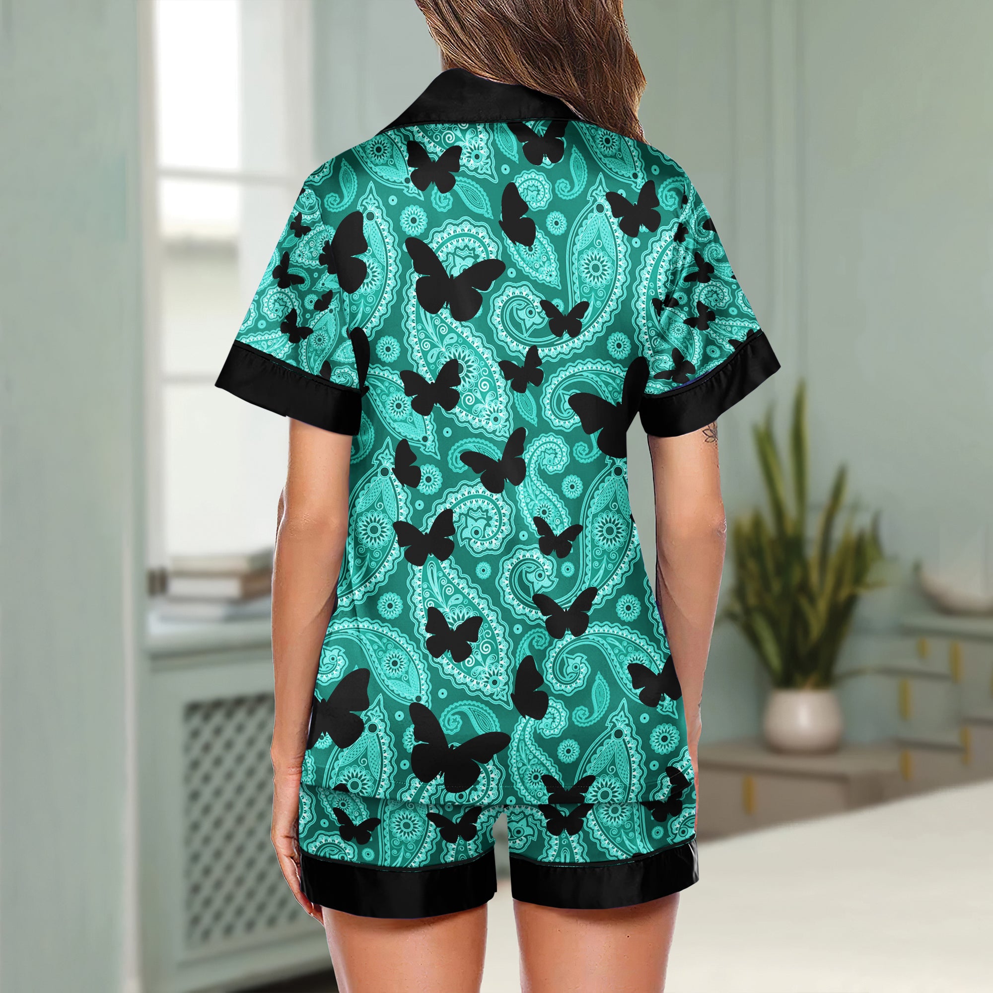 Cyan Paisley Butterfly Women's Pajama Sets Top Sleeve & Short Bottom