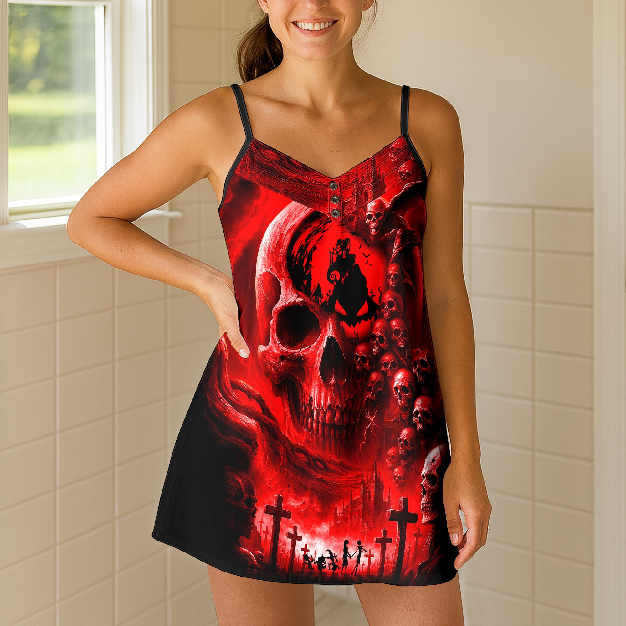 Crimson Night Skeleton Short Cami Dress