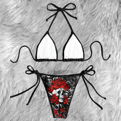 Red Roses Gothic Skull Micro Triangle Bikini Swimsuit