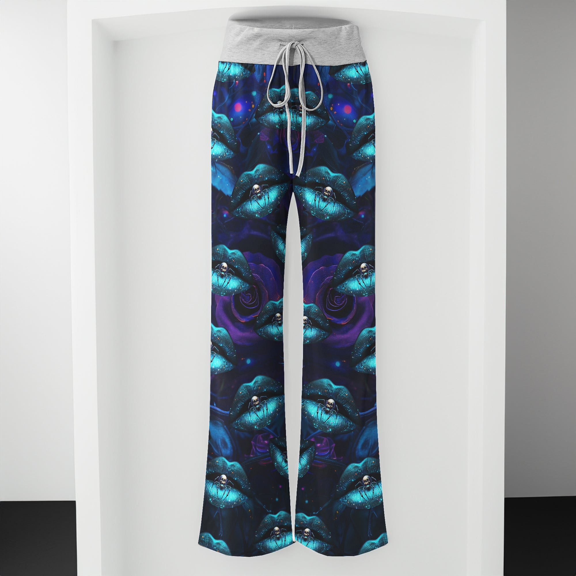 Cyan Skull Lip Rose Women's High-waisted Wide Leg Pants