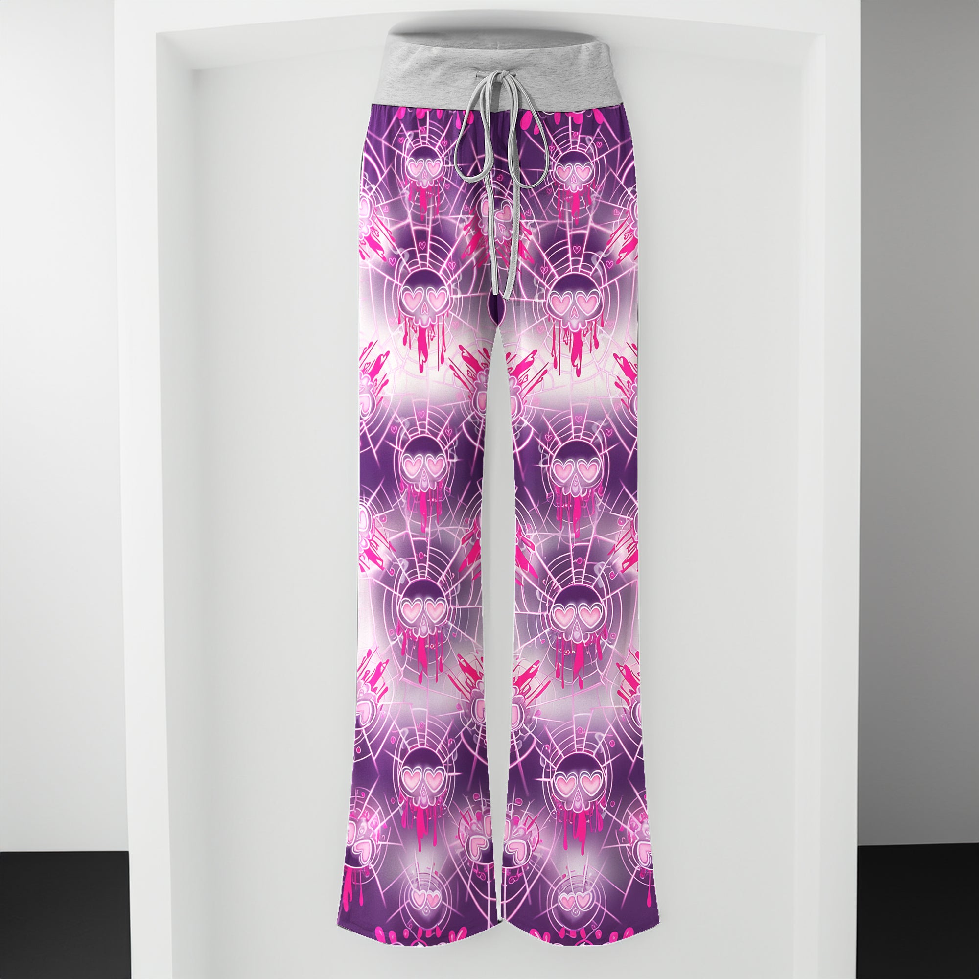Pink Heart Skull Web Women's High-waisted Wide Leg Pants